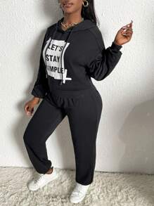 Slaydiva Bộ áo hoodie tay rớt in khẩu hiệu có dây rút và quần thể thao. - màu đen - Xem 3