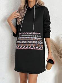 SHEIN LUNE Women's Hooded Kangaroo Pocket Drawstring Geometric Circle Patchwork Dress - Black - View 5