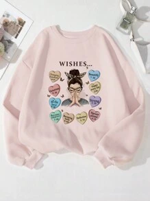 SHEIN EZwear 女士穿搭帶有祝福圖案的運動衫 - 淺粉色 - 查看 1