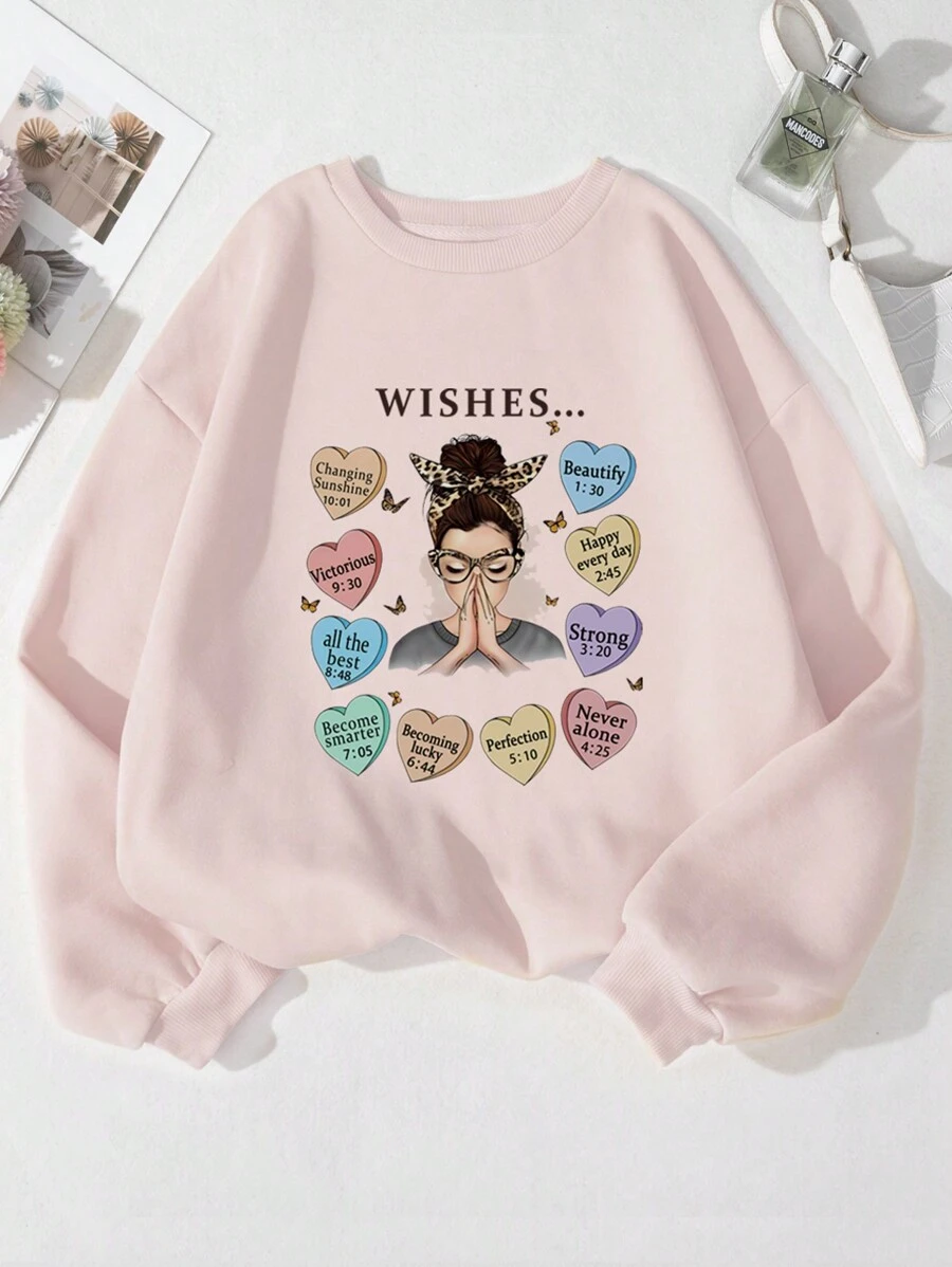 SHEIN EZwear 女士穿搭帶有祝福圖案的運動衫 - 淺粉色 - 查看 1