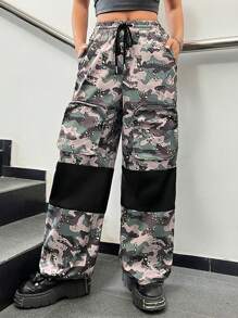 SHEIN EZwear Women's Patchwork Drawstring Waist Wide Leg Pants With Pocket Decoration - Black - View 3