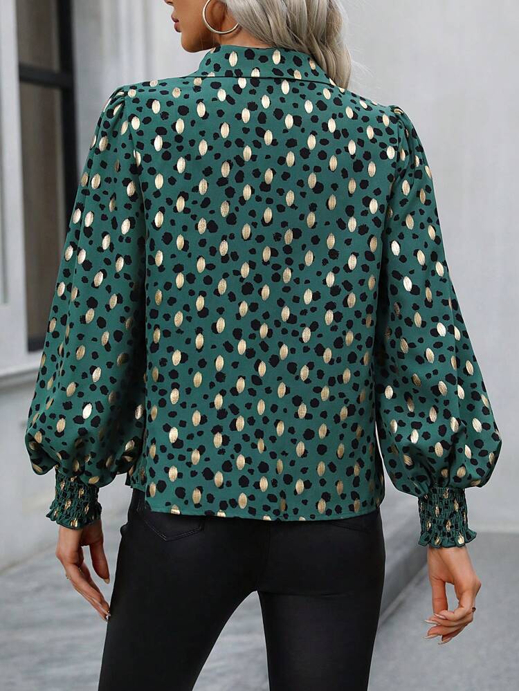 Gold Polka Dot Pattern Lantern Sleeve Shirt