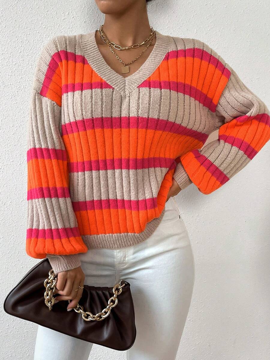 SHEIN Essnce 女用條紋落肩毛衣 - 彩色 - 查看 1