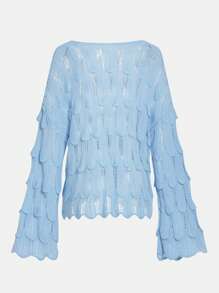 Chiquease 女士固色綁帶鈎針麻花毛衣 - 藍色 - 查看 2