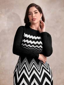 Modelyn 女式鋸齒形針織毛衣洋裝 - 黑與白 - 查看 6