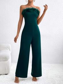 SHEIN Privé Của phụ nữ Vá lại lông tơ Quây Áo liền quần ống rộng - Màu xanh lá cây đậm - Xem 5
