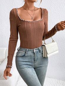 SHEIN Privé Của phụ nữ Kết cườm Trang trí Cổ vuông Sọc Áo thun - màu nâu - Xem 4