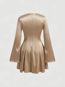 SHEIN MOD Của phụ nữ Vàng Màu sắc Kèn Đầm Với Trang trí Nơ Đối với Thời trang - Màu Khaki - Xem 2