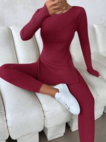 EURMUSE Ladies' Solid Color Round Neck Ribbbed Slit Hem T-Shirt And Skinny Pants Set - Burgundy - View 3