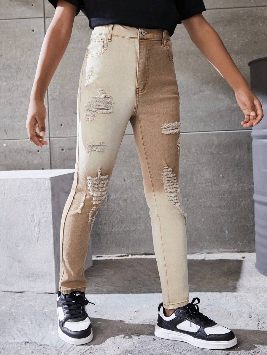 男孩時尚舒適彈性牛仔褲，具有復古水洗石破洞細節和拼色設計 - 卡其色 - 查看 1
