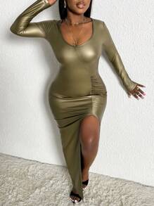 Slaydiva فستان ضيق تجاعيد فتحة للفخذ جلد صناعي - أخضر عسكري - مشاهدة 1