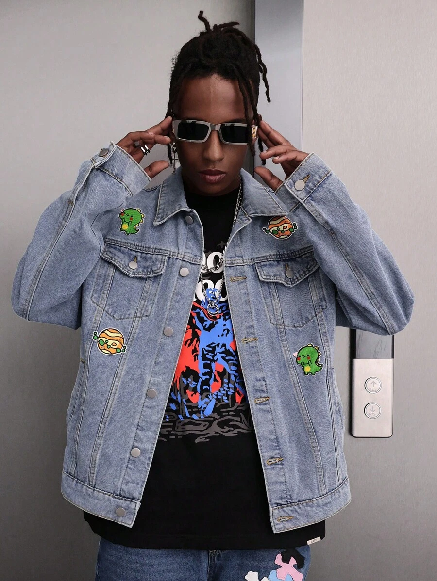 Manfinity Roghcode Men's Dinosaur Embroidered Denim Jacket - Blue - View 1