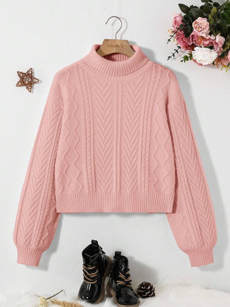 Teen Girls' High Collar Long Sleeve Jacquard Texture Short Pullover Sweater