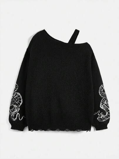 Goth Damen asymmetrischer Kragen Pullover Sweater mit Schlangenmuster, Schule