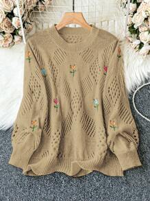 Calvaya Áo len cổ tròn thêu hoa cỡ lớn, thích hợp mặc mùa thu đông. - Màu Khaki - Xem 1