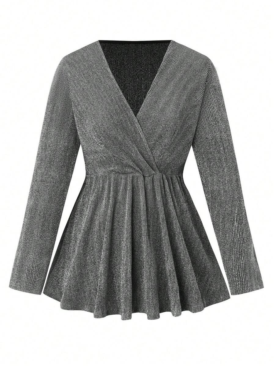 SHEIN Clasi 大碼肋紋針織衫,配有荷葉邊 - 銀色 - 查看 1