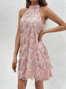 SHEIN Clasi 女款無袖亮片流蘇寬鬆連身裙 - 粉色 - 查看 4