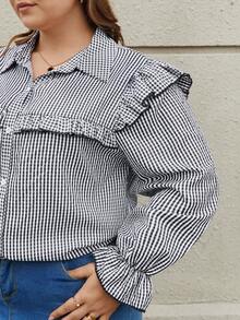 SHEIN Frenchy 大码女士条纹荷叶边衬衫 - 黑與白 - 查看 5