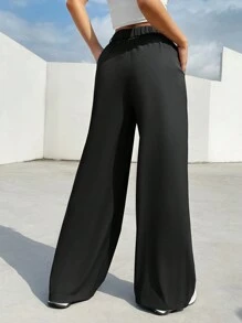 SHEIN EZwear 女士寬腿褲,帶口袋設計 - 黑色 - 查看 2