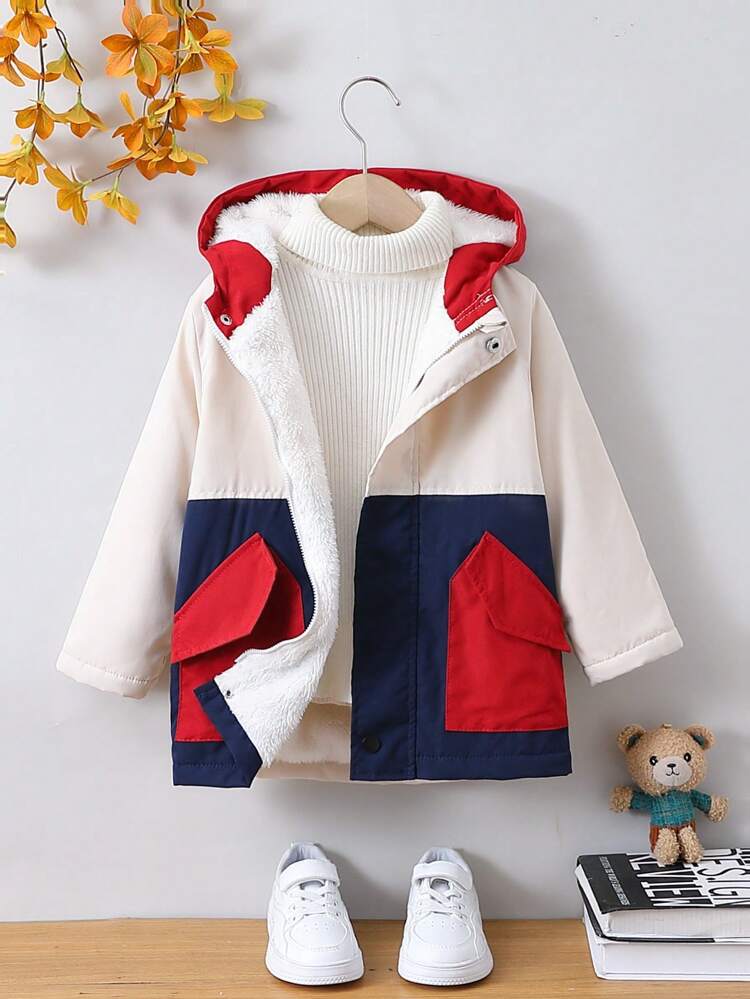Young Boys' Fashionable Casual Color Contrast Thickened Thermal Lined Jacket With Warmth Keeping Function