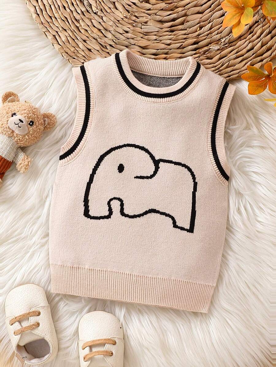 嬰兒男寶寶彩色卡通圖案針織毛衣背心,帶邊框 - 杏色 - 查看 1