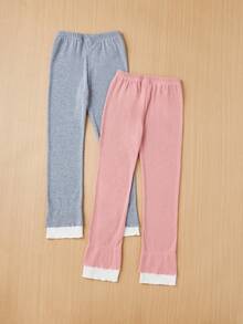 SHEIN Tween Girls' Knitted Plain Leggings Set For Casual Wear, 2pcs - Multicolor - View 2