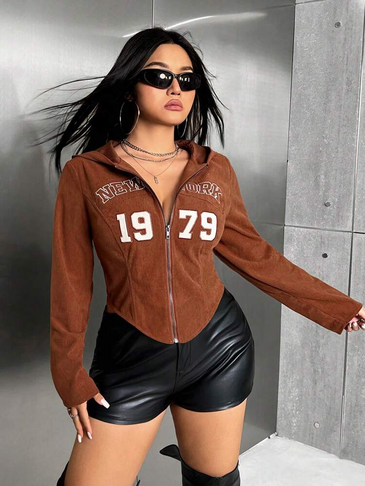 Women's Plus Size Hooded Jacket With Letter Embroidery, Zipper Front