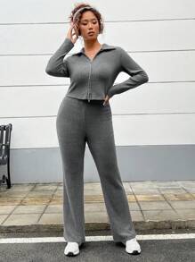 SHEIN EZwear Conjunto De Dos Piezas De Tejido De Punto De Costilla En Un Solo Color Y De Talla Grande - Gris Oscuro - Ver 3