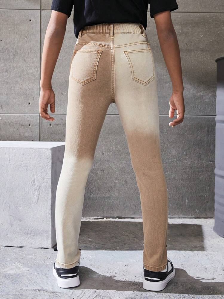 Boys' Stylish & Comfortable Stretchy Jeans With Vintage Stone Wash, Ripped Detail And Colorblock Design