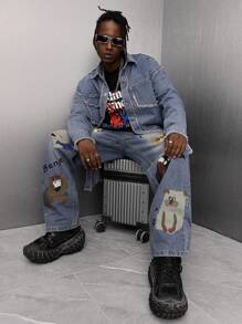 Manfinity Roghcode Men's Autumn Frayed Shoulder Drop Long Sleeve Single-Breasted Pocket Casual Denim Shirt - Light Wash - View 6