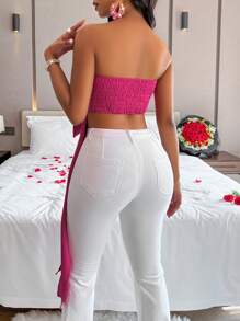 Zolique 女士荷葉邊細肩上衣,蝴蝶結裝飾 - 玫紅色 - 查看 2