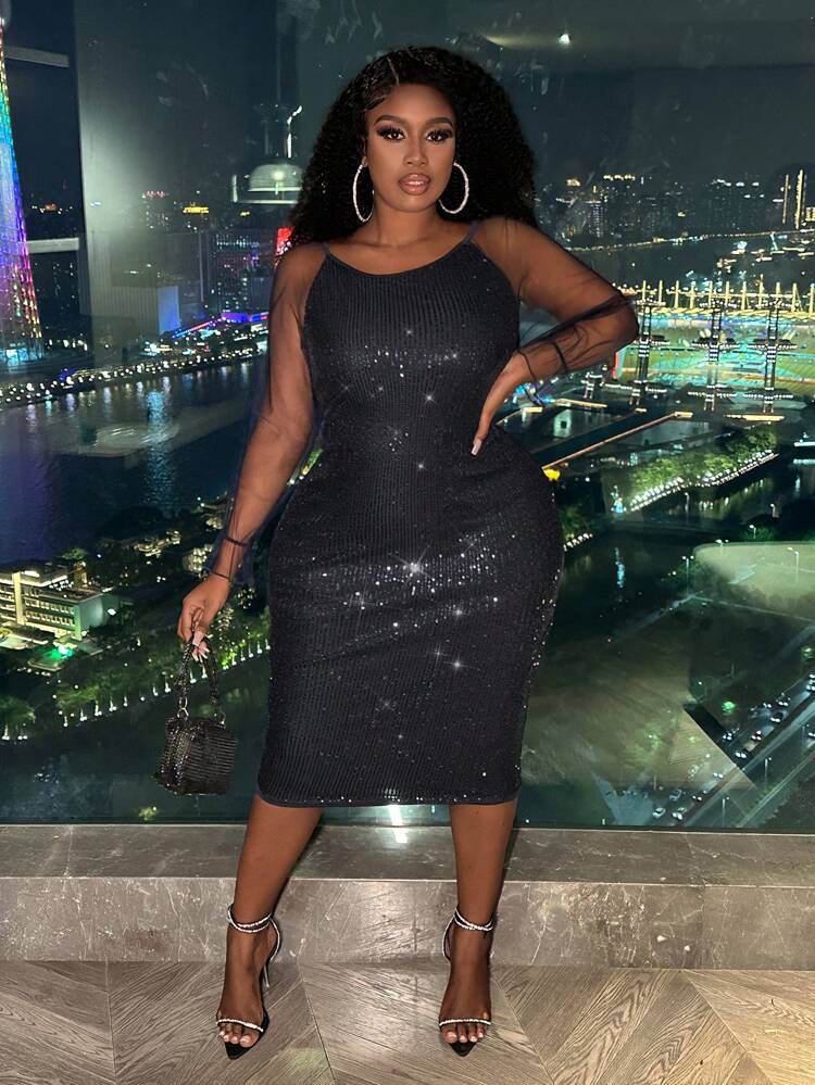 Plus Size Mesh & Lace Splicing Sleeve Sparkly Dress