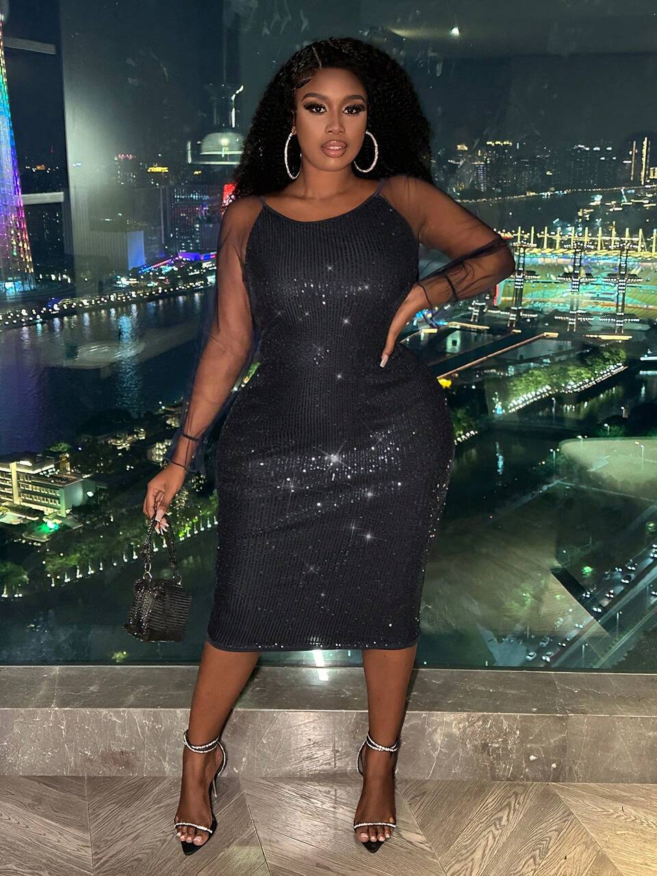Plus Size Mesh & Lace Splicing Sleeve Sparkly Dress