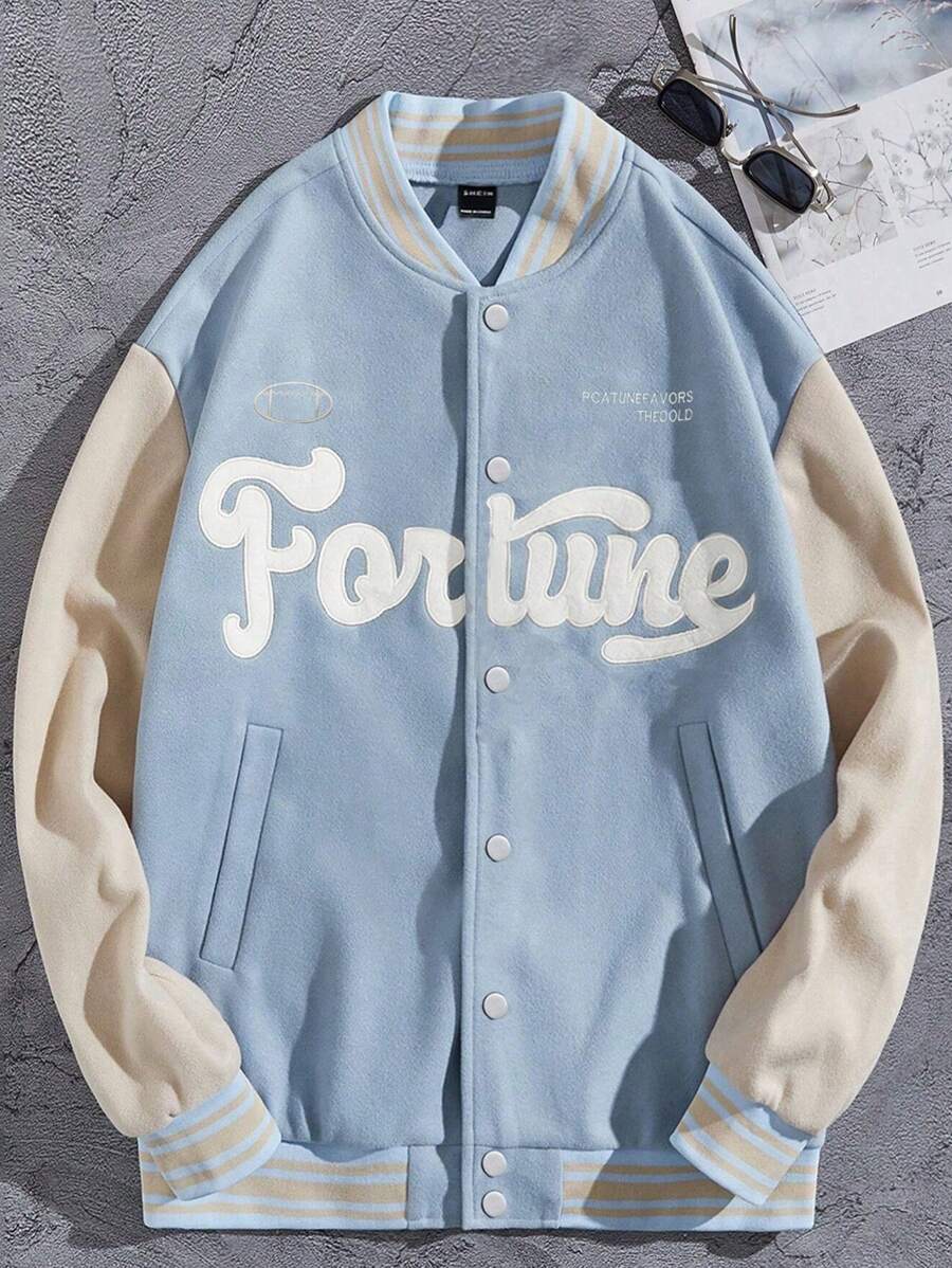 Aesthetic Post 男士加大號字母印花拼接袖棒球外套 - 藍色 - 查看 1