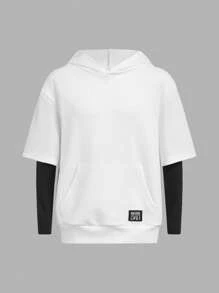 SHEIN 男童字母拼接口袋彩色連帽衫和褲子運動套裝,適合年長兒童 - 黑與白 - 查看 3