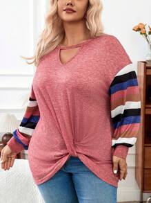 Calvaya T-shirt De Mode Pour Femmes De Grande Taille Avec Épaule Basse, Torsion Avant, Conception En Creux Et Blocs De Couleurs - Multicolore - Voir 3