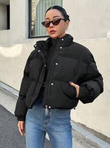 DAZY 女士黑色前拉链加厚外套 - 黑色 - 查看 4