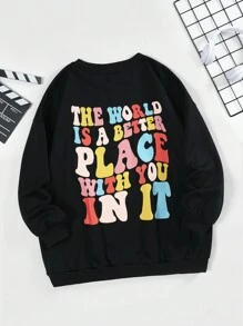 SHEIN EZwear Kích thước lớn Lá thư In Thả vai Áo nỉ - màu đen - Xem 1