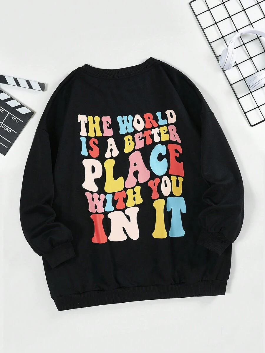 SHEIN EZwear Kích thước lớn Lá thư In Thả vai Áo nỉ - màu đen - Xem 1