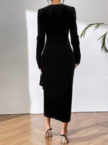 Chiquease 純色皺褶外穿長裙 - 綠色 - 查看 2