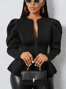 SHEIN Slayr 羊腿袖拉鍊夾克 - 黑色 - 查看 5