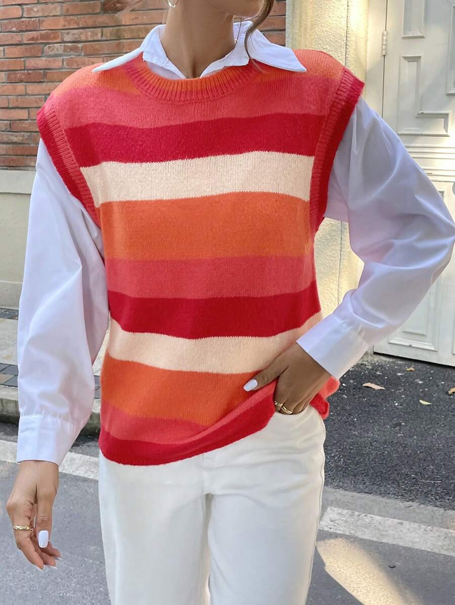 SHEIN Essnce 女士條紋對比色毛衣背心 - 彩色 - 查看 1