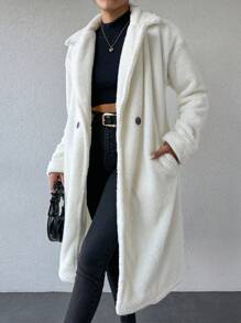 EURMUSE Women's Pure White Fleece Jacket With Lapel Collar - White - View 1