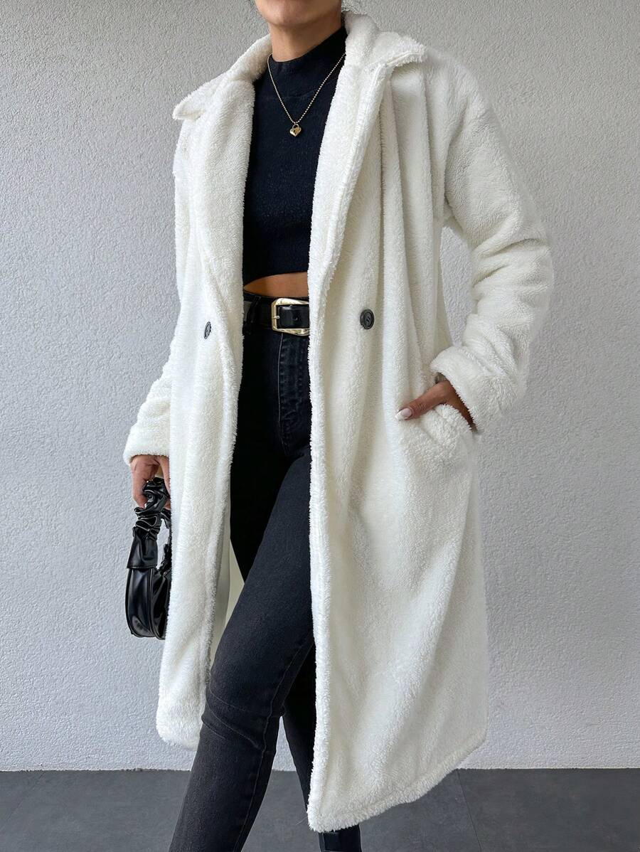 EURMUSE Women's Pure White Fleece Jacket With Lapel Collar - White - View 1