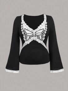 Flirla Kaos Ukuran Plus Kontras Lace Blok Warna Butterfly Casual - Hitam - View 3