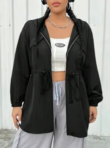SHEIN EZwear Women's Plus Size Hooded Jacket With Drawstring Waist Winter Fall Autumn - Black - View 6