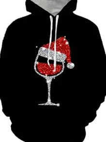 Men's Plus Size Christmas Wine Cup Print Drawstring Hoodie - Black - View 3