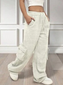 SHEIN Unity Women'S Drawstring Waist Cargo Sweatpants With Pockets - Light Grey - View 3