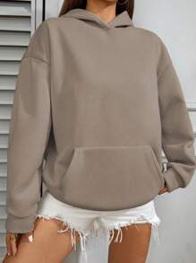SHEIN x Carly Lawrence SHEIN Unity Áo nỉ có mũ thêu chữ cá nhân hóa túi dành cho nữ - Màu nâu  Mocha - Xem 2