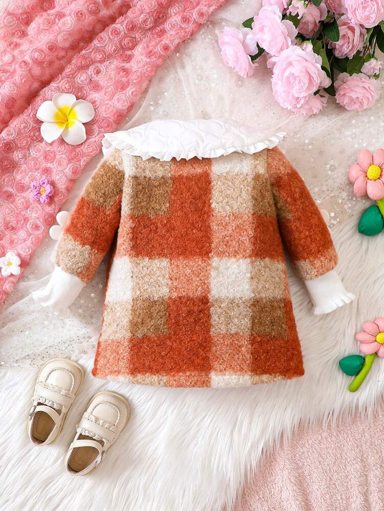 Baby Girls' Plaid Patchwork Peter Pan Collar Knitted Coat With Floral Applique